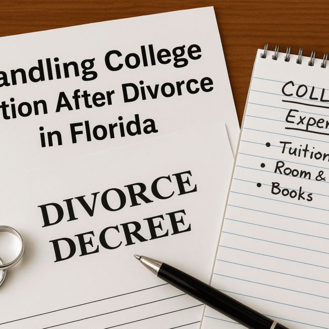 Documents on handling college tuition after divorce in Florida, shown with a divorce decree, wedding rings, and a notebook listing college expenses.
