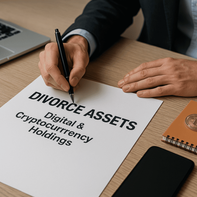 Person reviewing a document titled “Divorce Assets: Digital & Cryptocurrency Holdings” on a desk with a laptop, smartphone, and a notebook featuring a Bitcoin symbol.