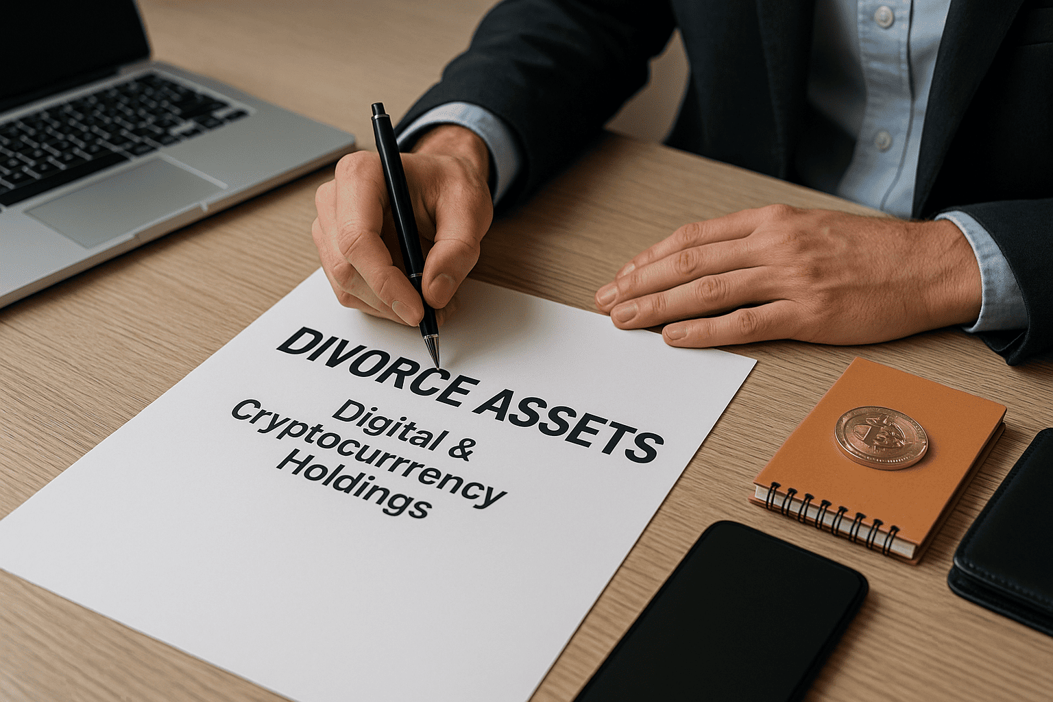 Person reviewing a document titled “Divorce Assets: Digital & Cryptocurrency Holdings” on a desk with a laptop, smartphone, and a notebook featuring a Bitcoin symbol.