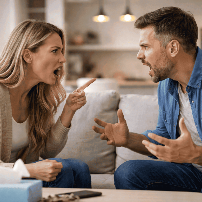 Couple arguing on a couch the woman pointing angrily as the man raises his hands in frustration in a living room