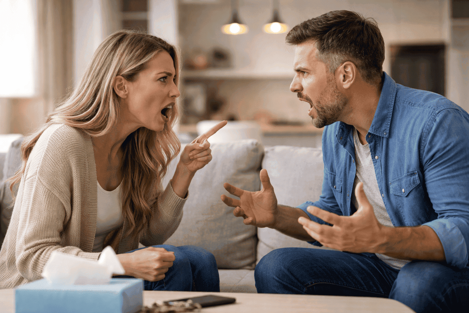 Couple arguing on a couch the woman pointing angrily as the man raises his hands in frustration in a living room